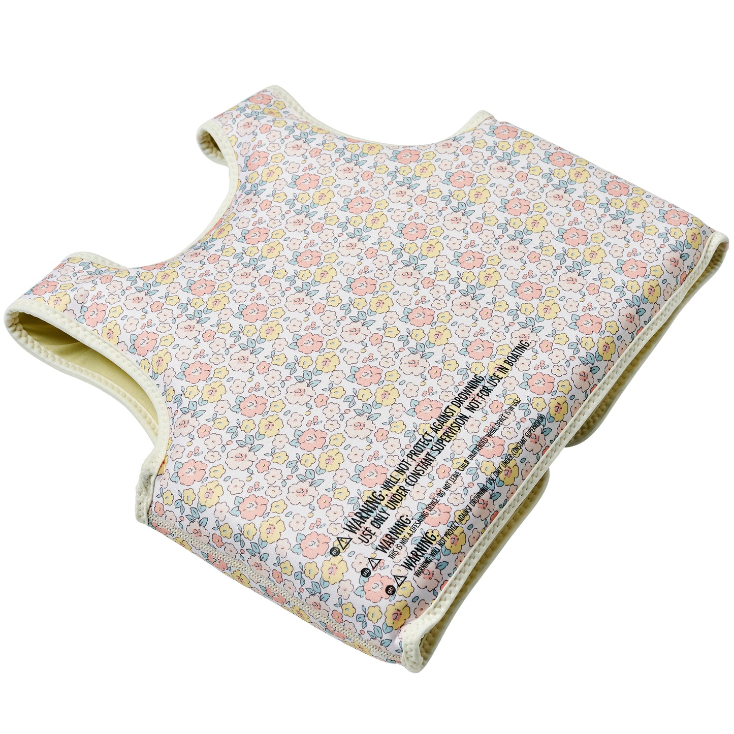 Float Vest 3-6 Into the Garden ditsy floral pattern with pink, yellow, and blue flowers