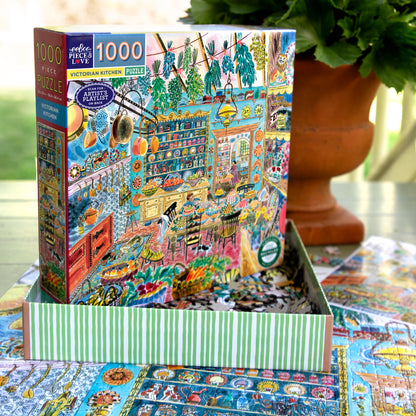 eeBoo Victorian Kitchen 1000 piece jigsaw puzzle with colorful illustrated design in box