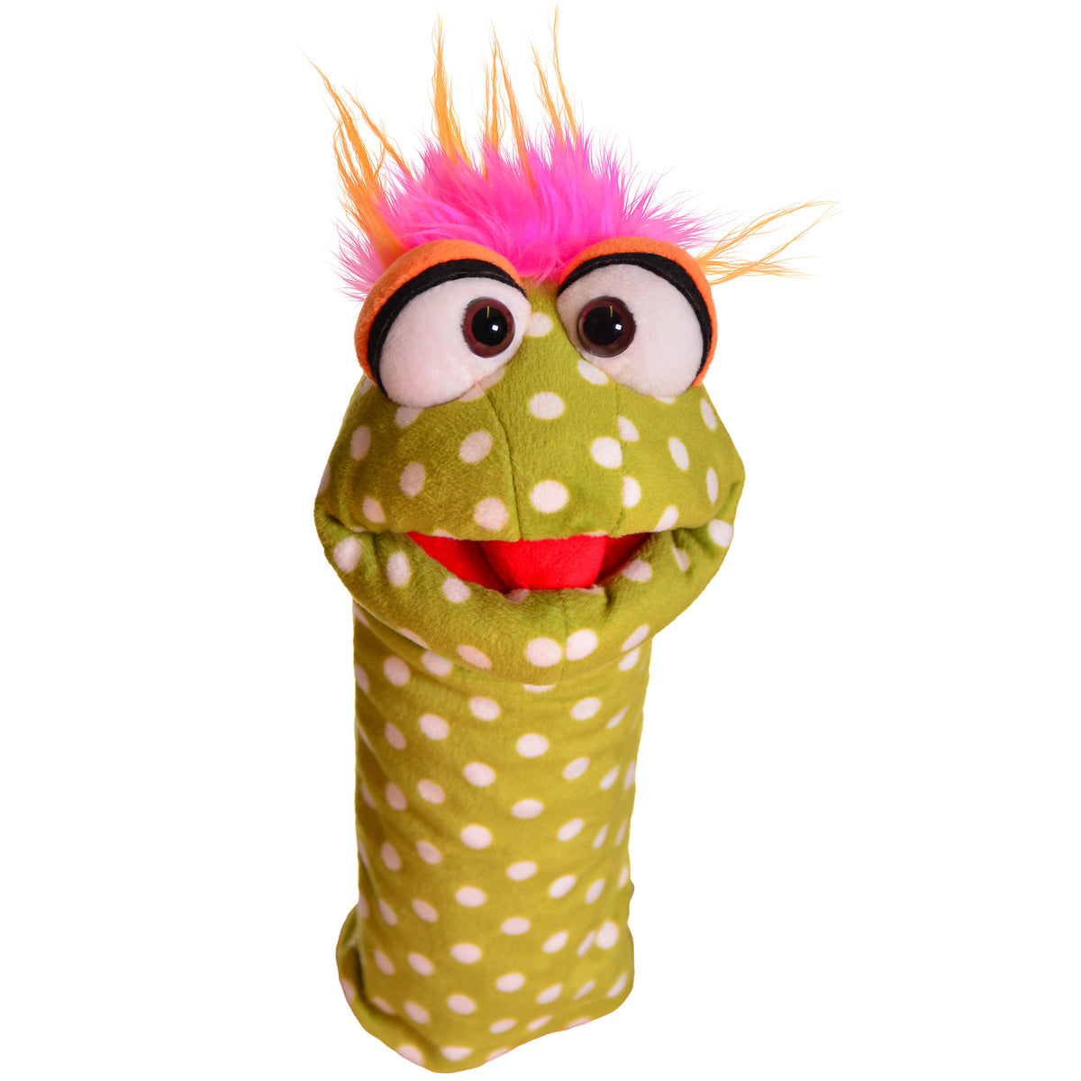 Living Puppets Shesha Sock hand puppet with lime green body, white polka dots, pink mohawk hair, and red mouth