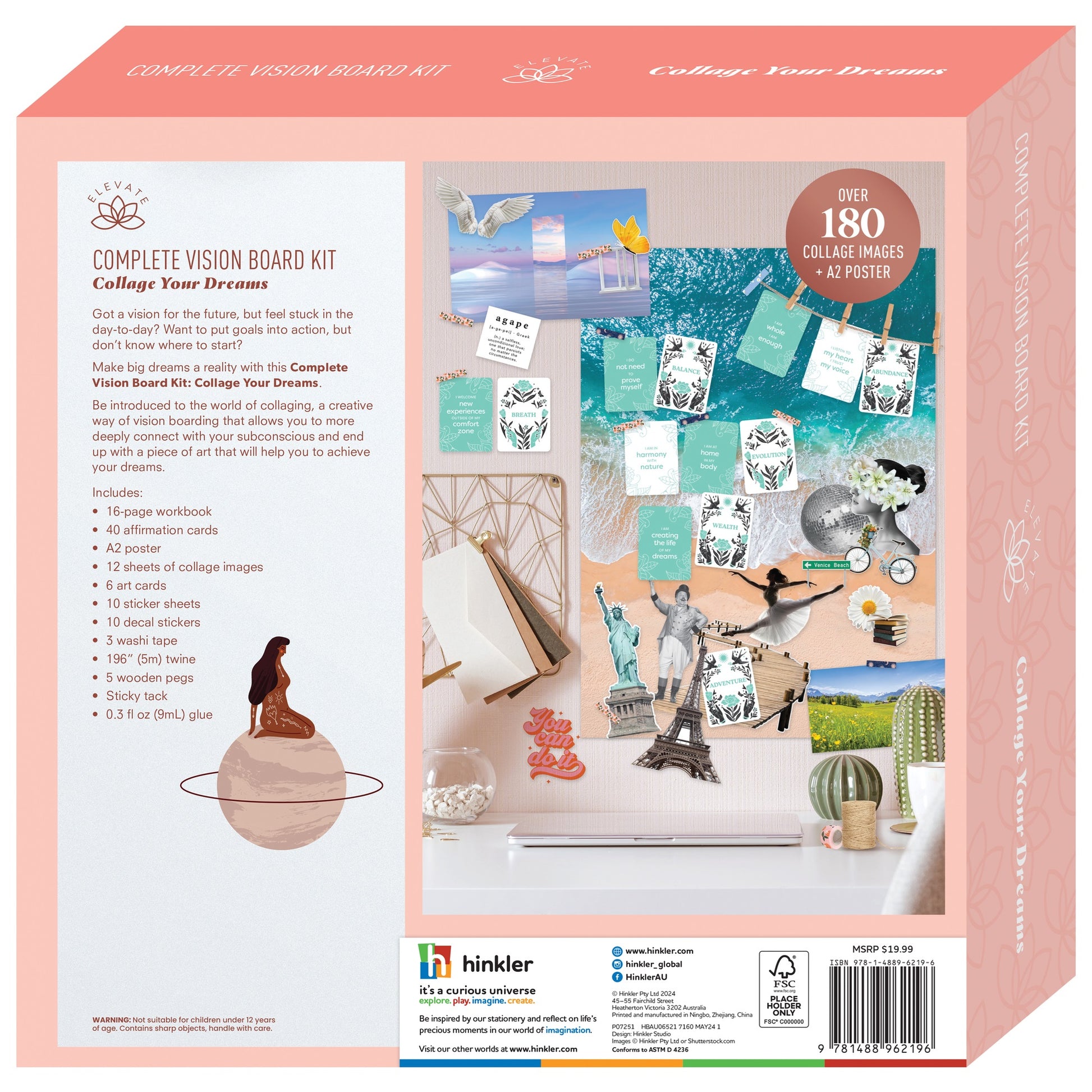 Elevate Complete Vision Board Kit with collage images, affirmation cards, and supplies in coral pink packaging