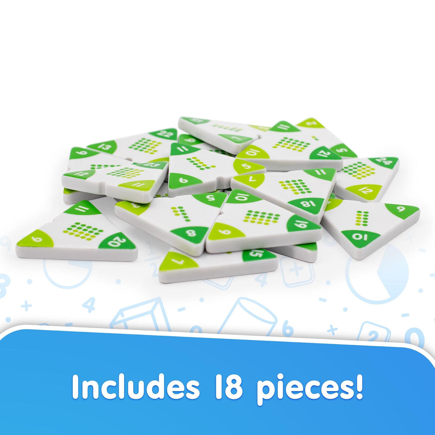 Triangles: Addition math learning tiles with 18 green and white numbered pieces