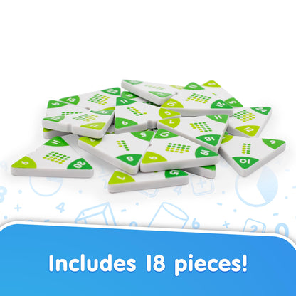 Triangles: Addition math learning tiles with 18 green and white numbered pieces