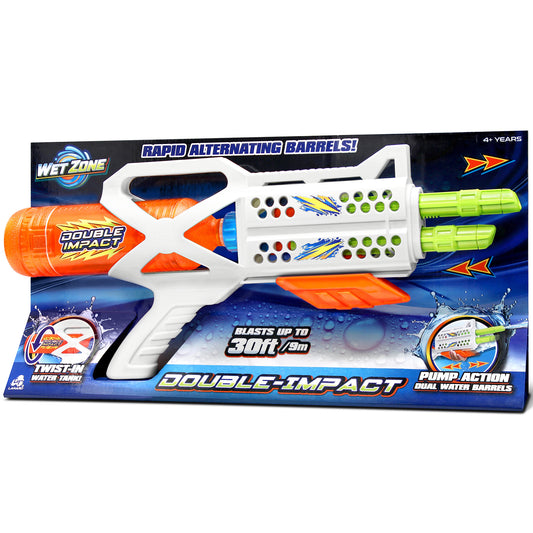 Wet Zone Double Impact water blaster with dual barrels, orange and white design