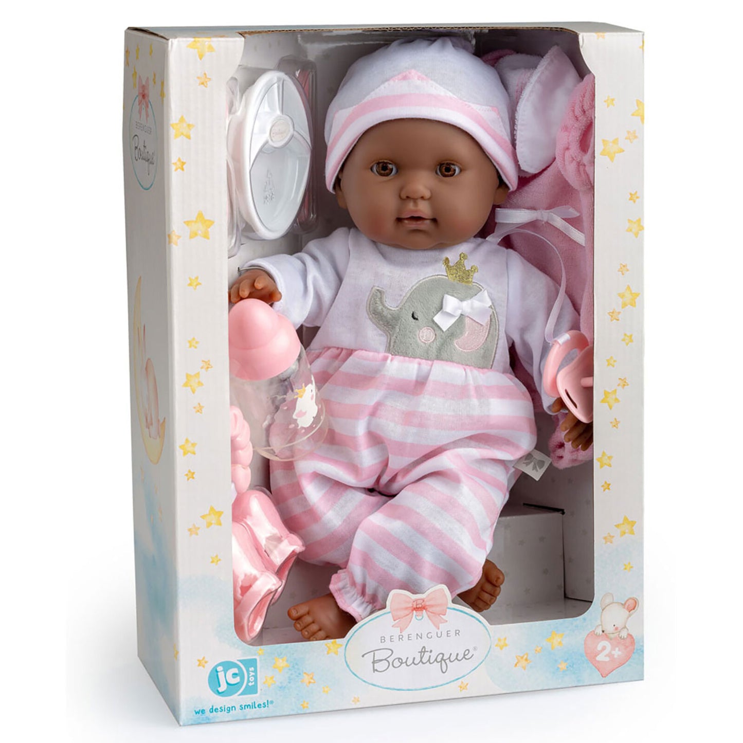 JC Toys Berenguer Boutique 15" African American baby doll in pink striped outfit with accessories