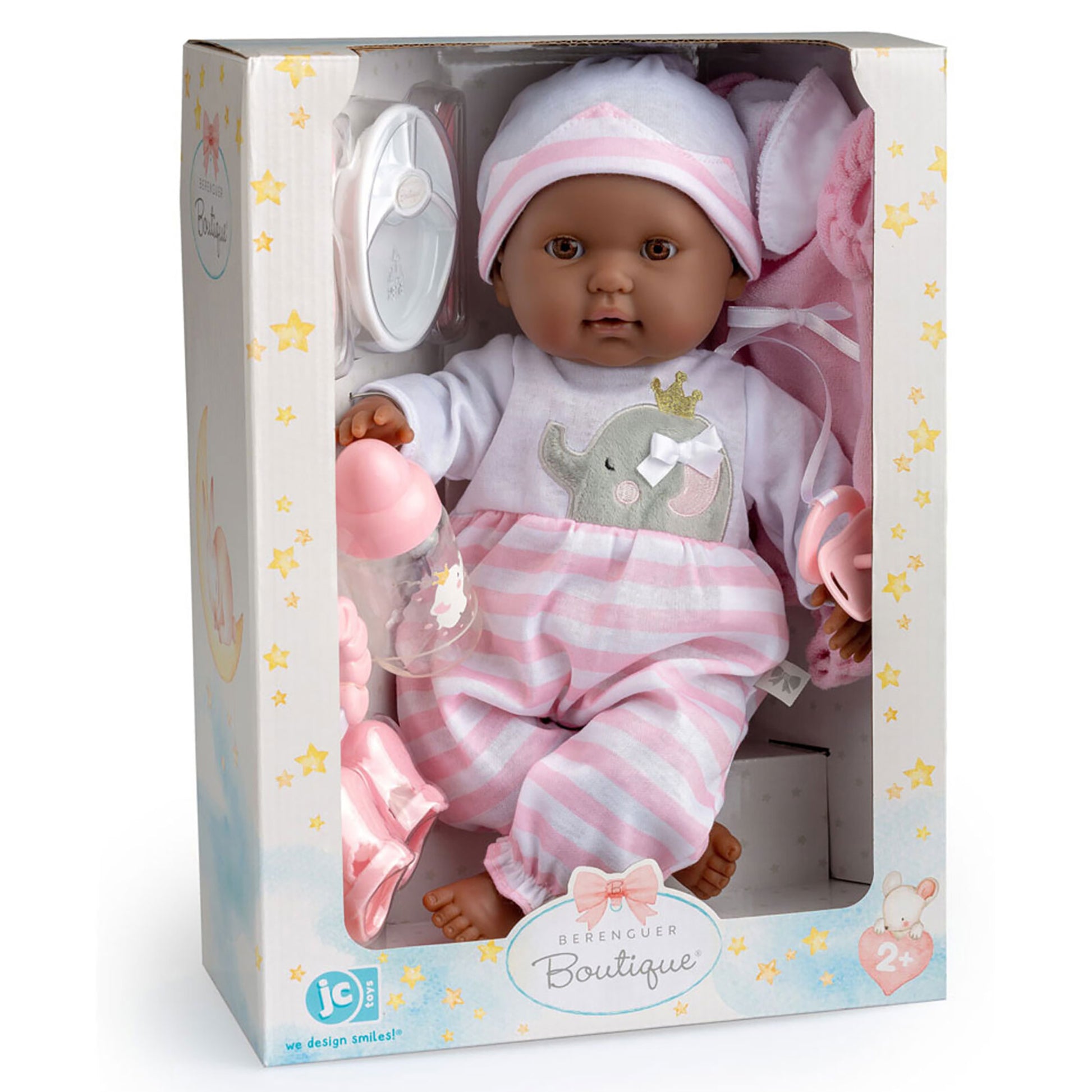 JC Toys Berenguer Boutique 15" African American baby doll in pink striped outfit with accessories