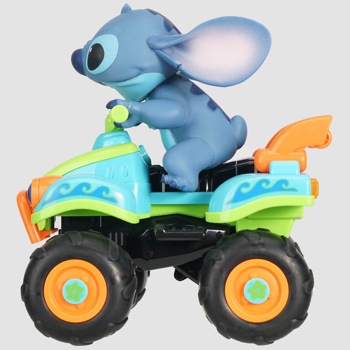 Disney Stitch 7.5" R/C ATV 4 Wheeler with blue character figure, colorful turquoise and lime green vehicle body, oran...