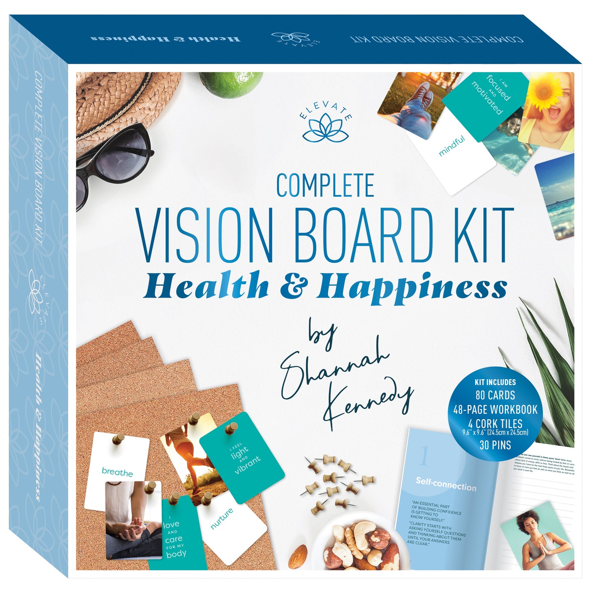 Elevate Vision Board Kit Health & Happiness by Shannah Kennedy with 80 cards, workbook, cork tiles and pins