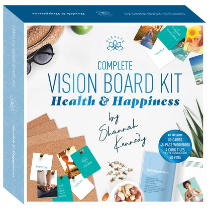 Elevate Vision Board Kit Health & Happiness by Shannah Kennedy with 80 cards, workbook, cork tiles and pins