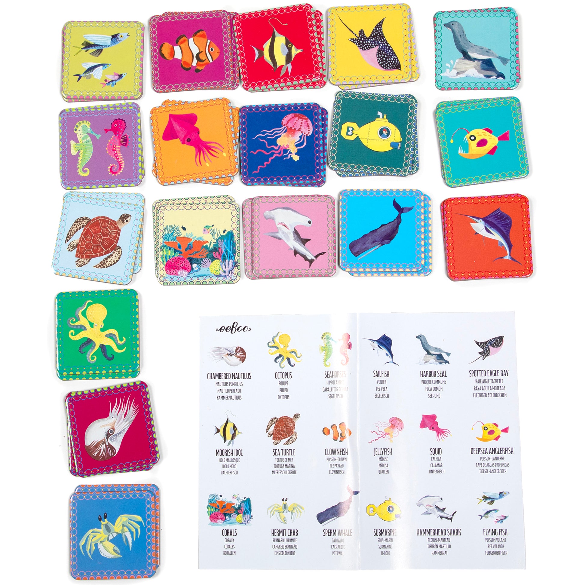 Little Sea Life Memory & Matching Game with colorful ocean animal tiles in vibrant colors and reference guide