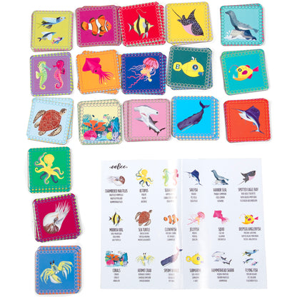 Little Sea Life Memory & Matching Game with colorful ocean animal tiles in vibrant colors and reference guide
