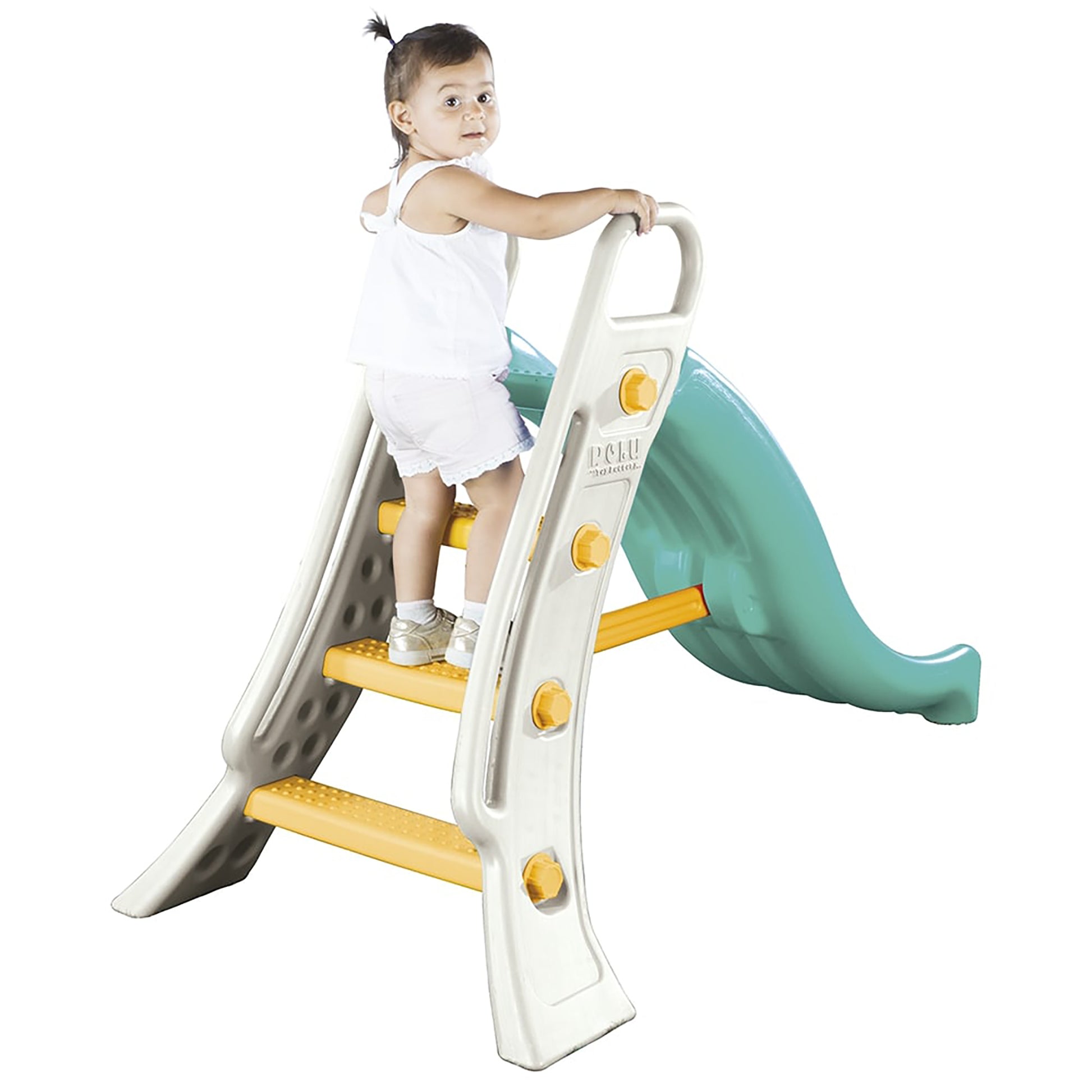 Big Water Slide green and white with yellow steps and toddler climbing