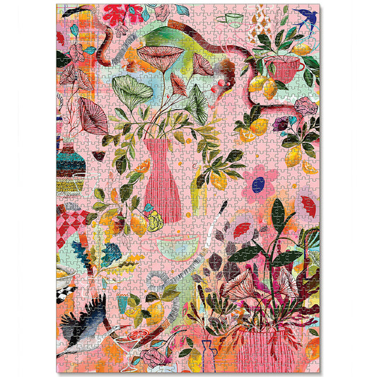 JOS 1000 Piece Puzzle - Lemon Haze featuring colorful botanical flowers and plants on pink background