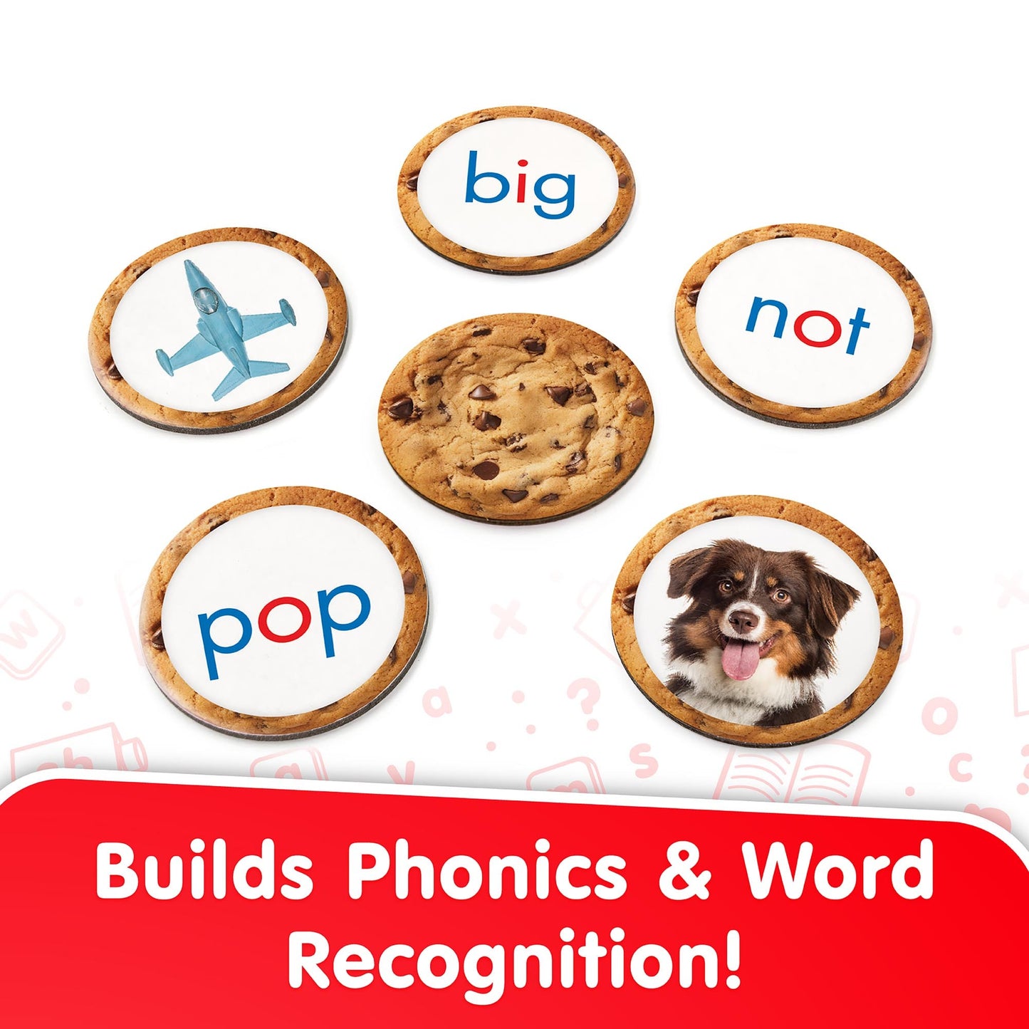 Snacks CVS phonics learning cookies with word cards and dog image
