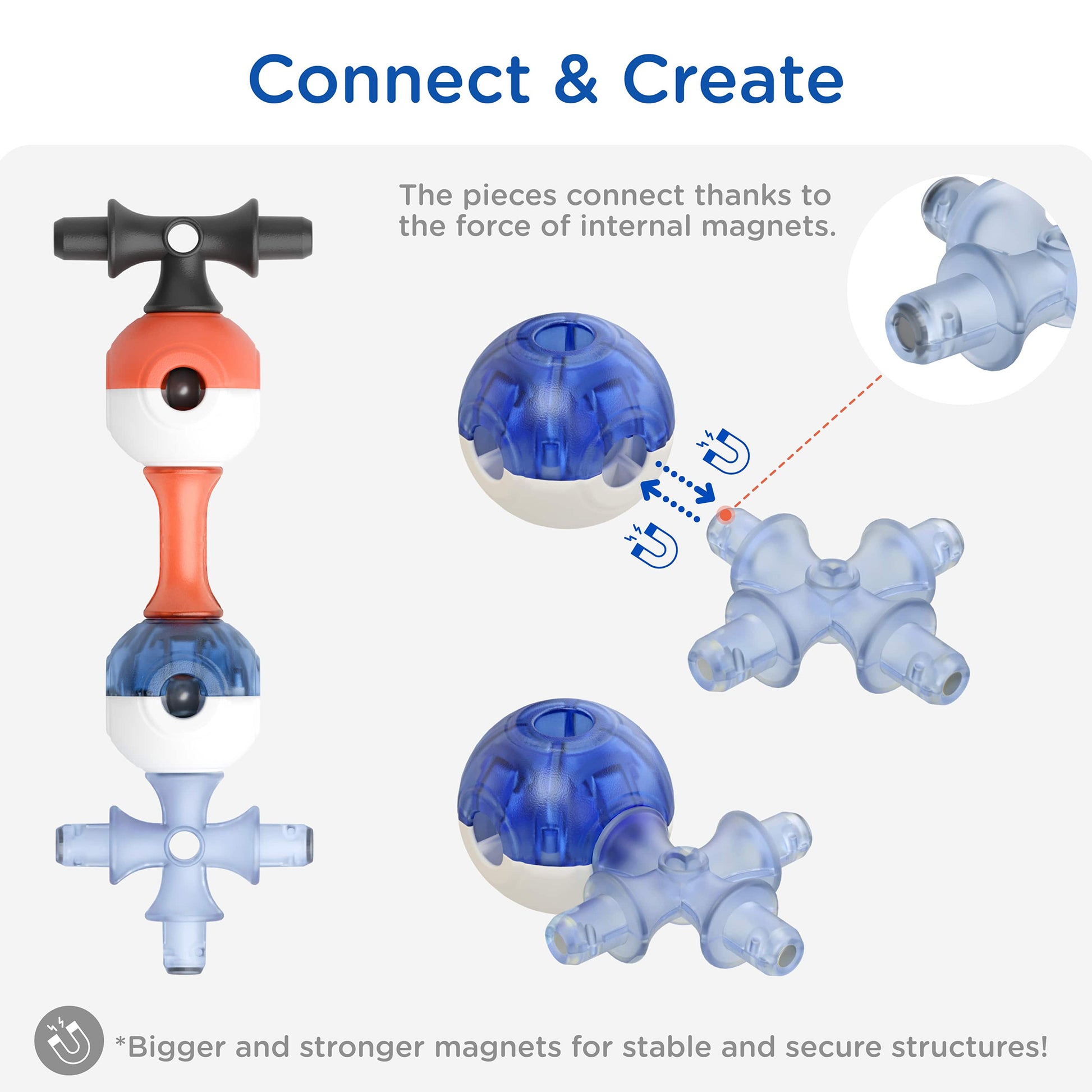 KUB Planet Magnetic Building Set with blue and red pieces showing magnetic connection system and assembled structures