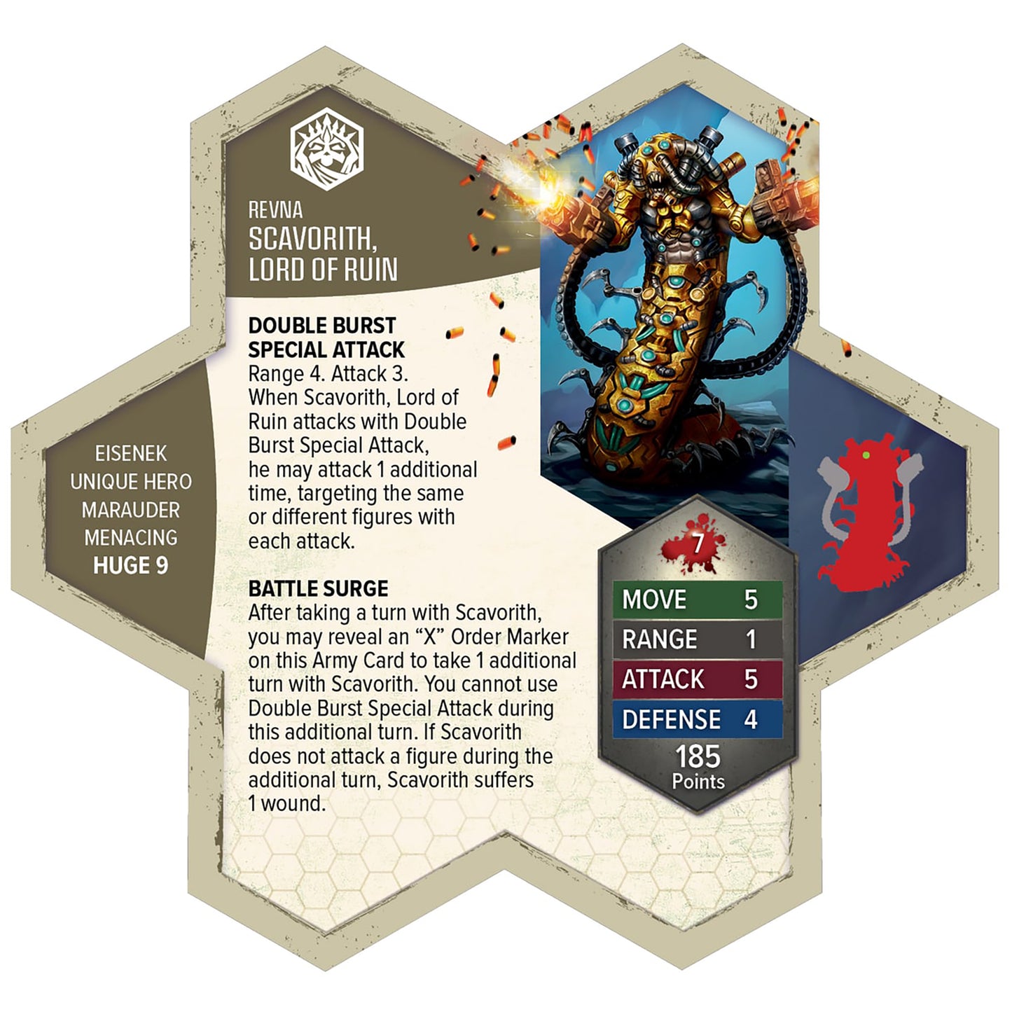 Heroscape Scavorith Lord of Ruin army expansion figure with gold armor and stat card showing Move 5, Attack 5, Defense 4