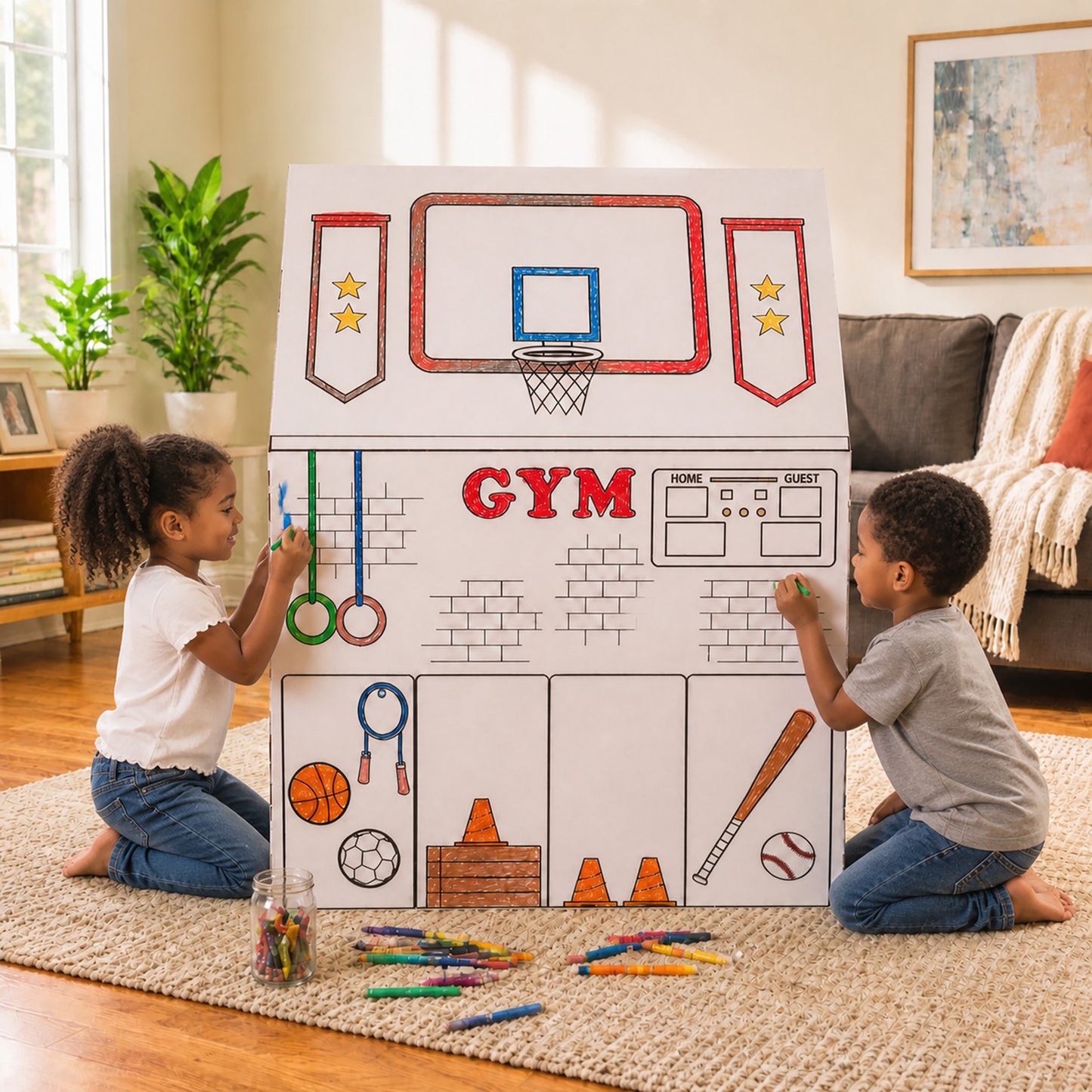 Easy Playhouse School cardboard fort with basketball hoop, gym equipment, and coloring markers