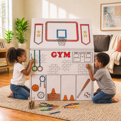 Easy Playhouse School cardboard fort with basketball hoop, gym equipment, and coloring markers