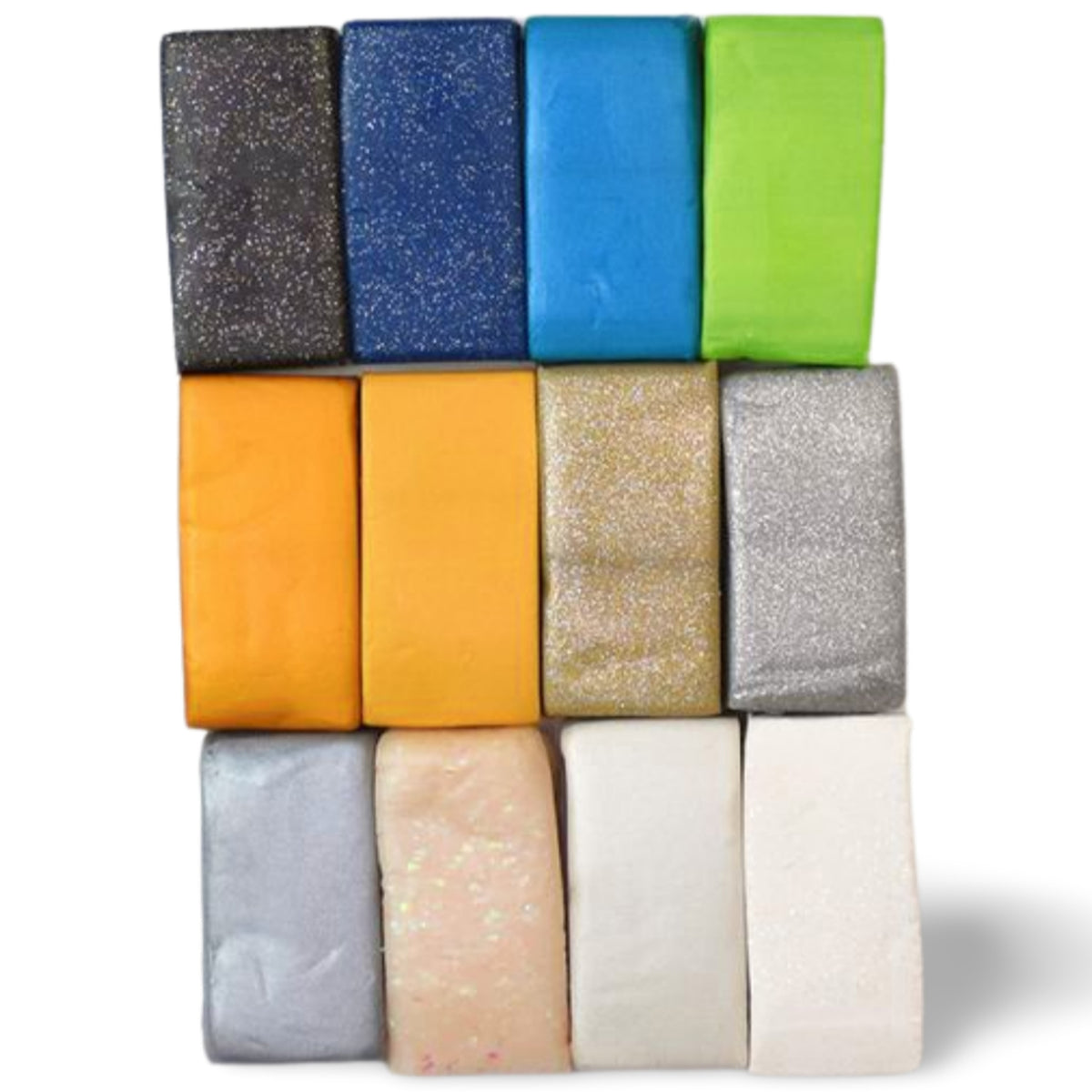 Sculpey Premo Multipack with 12 metallic and glitter clay colors in gray, blue, green, orange, gold, silver, and cream