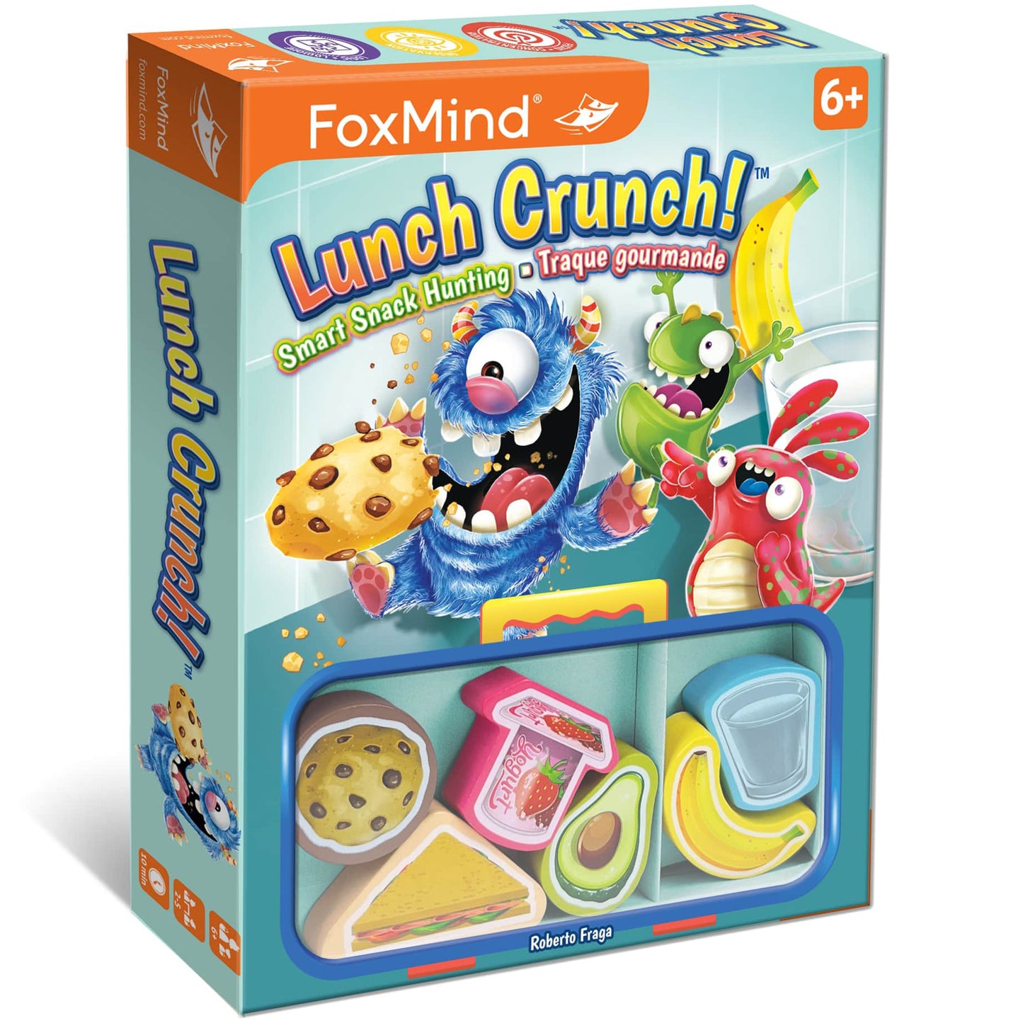 FoxMind Lunch Crunch Smart Snack Hunting Game for ages 6+ with colorful monster characters and food pieces