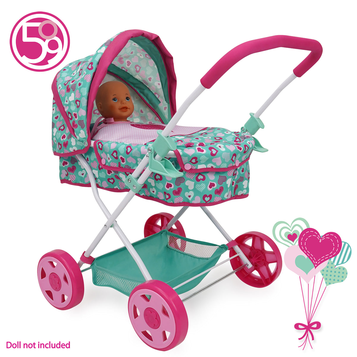 Mint Heart Daisy Doll Pram in pink and green with heart pattern, retractable canopy, and storage basket