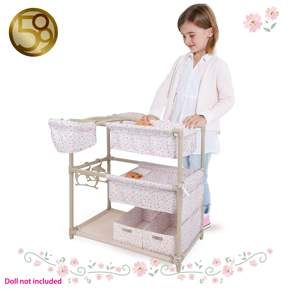 509 Crew Little Flora Twin Doll Play Center with pink floral fabric and storage drawers