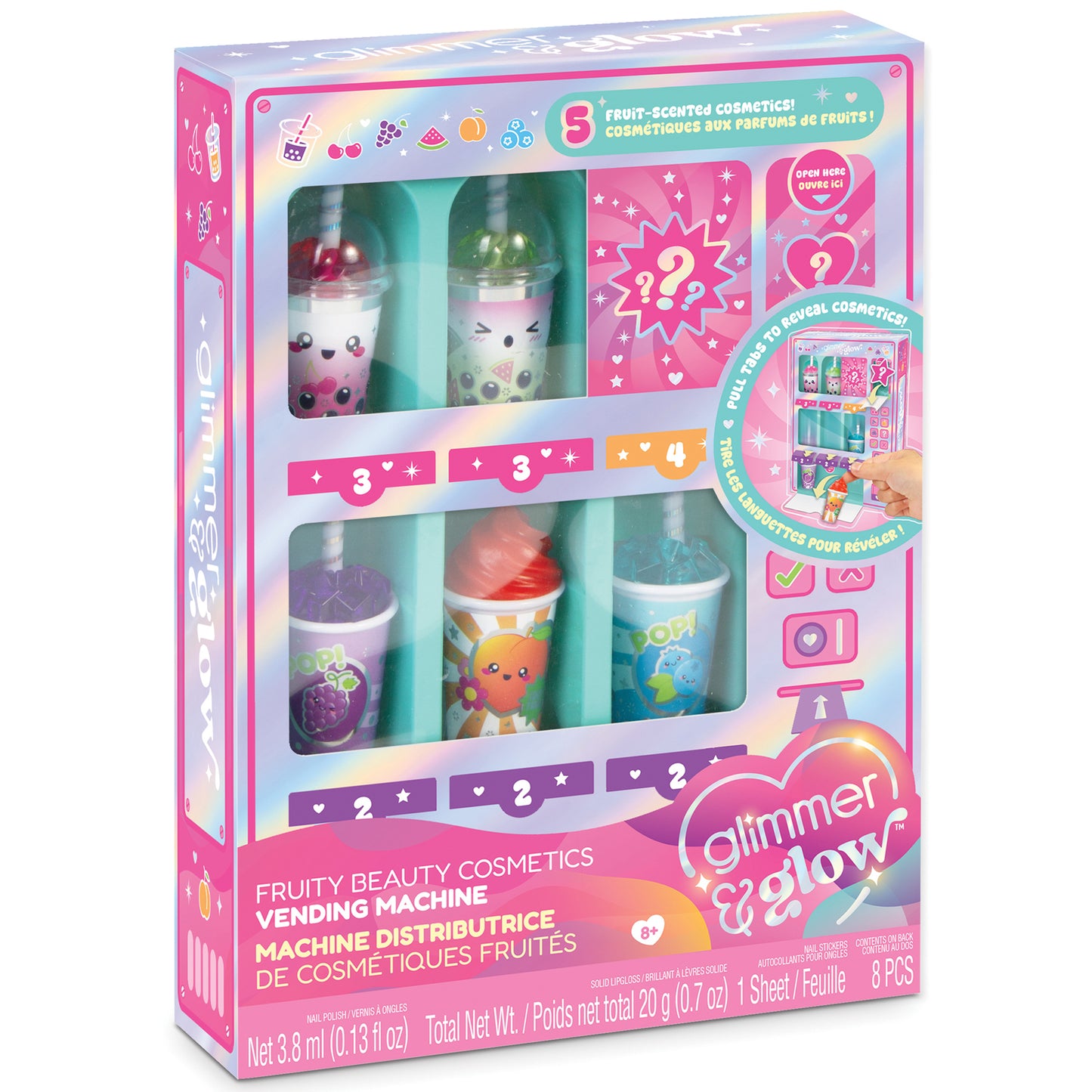 Glimmer & Glow Fruity Beauty Cosmetics Vending Machine with 5 fruit-scented lip glosses and nail polish