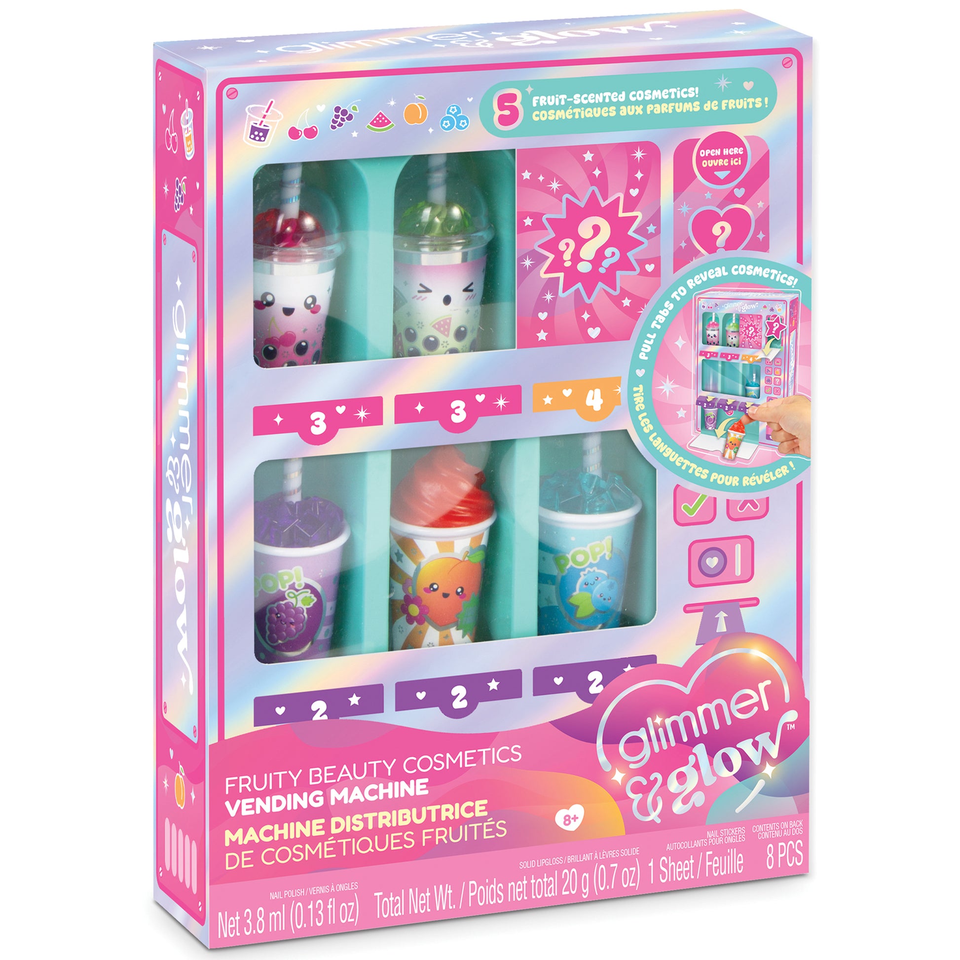 Glimmer & Glow Fruity Beauty Cosmetics Vending Machine with 5 fruit-scented lip glosses and nail polish