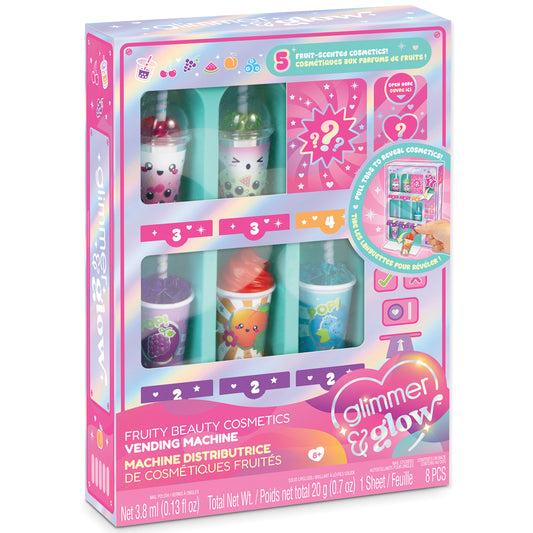 Glimmer & Glow Fruity Beauty Cosmetics Vending Machine with colorful fruit-scented nail polish and lip gloss bottles