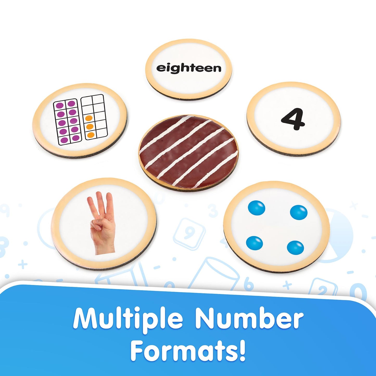 Number Snacks Math Learning Card Game showing donut-themed cards with multiple number formats including digits, ten f...