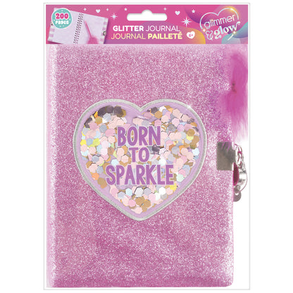 Glimmer & Glow Born To Sparkle pink glitter locking journal with heart shaker window