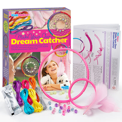 4M KidzMaker Make Your Own Dream Catcher DIY craft kit with pink hoops, colorful strings, and beads