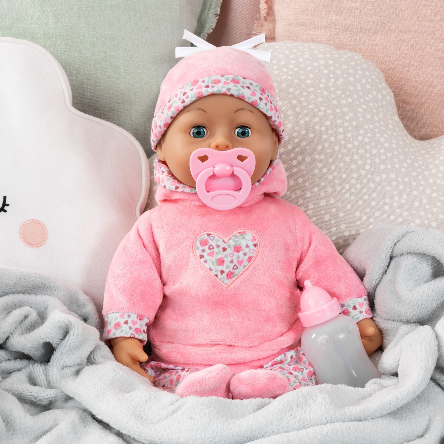 First Words Baby Doll 15-Inch pink with heart design, pacifier, and bottle