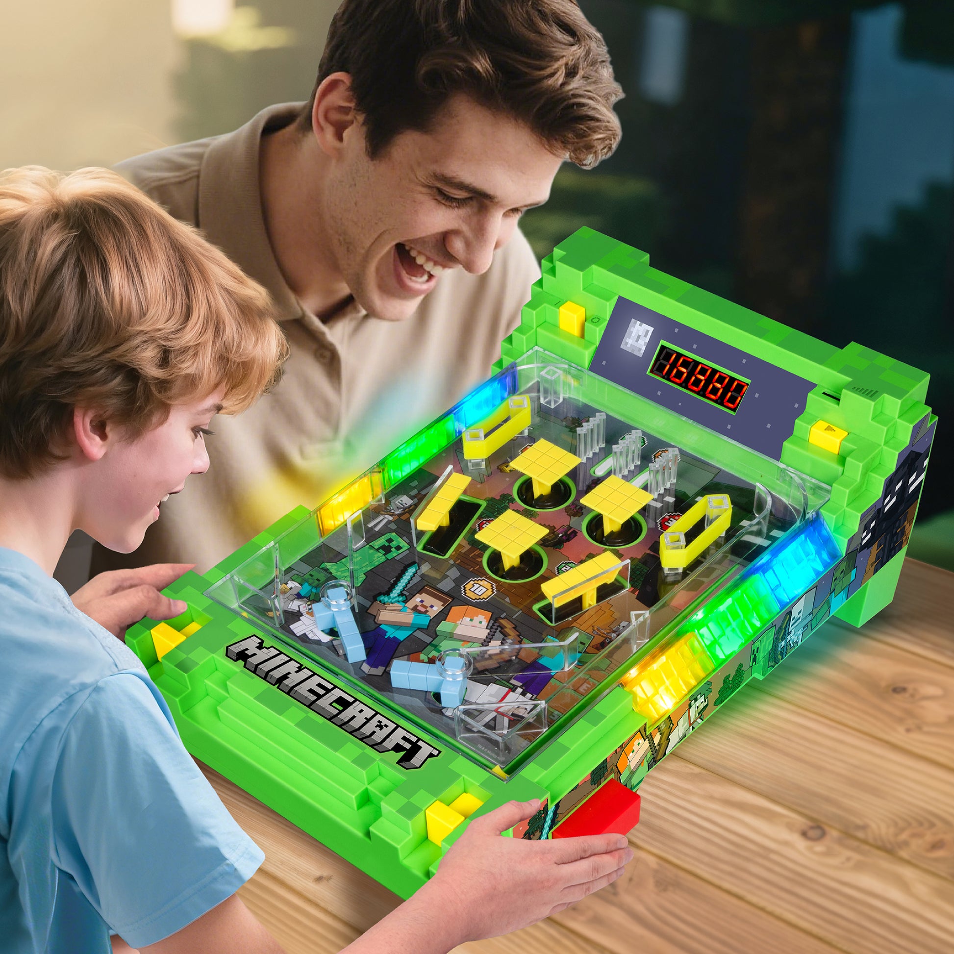Minecraft Arcade Pinball Overworld green toy with LED display, played by adult and child