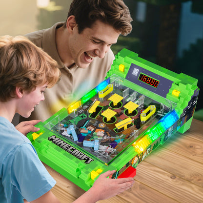 Minecraft Arcade Pinball Overworld green toy with LED display, played by adult and child