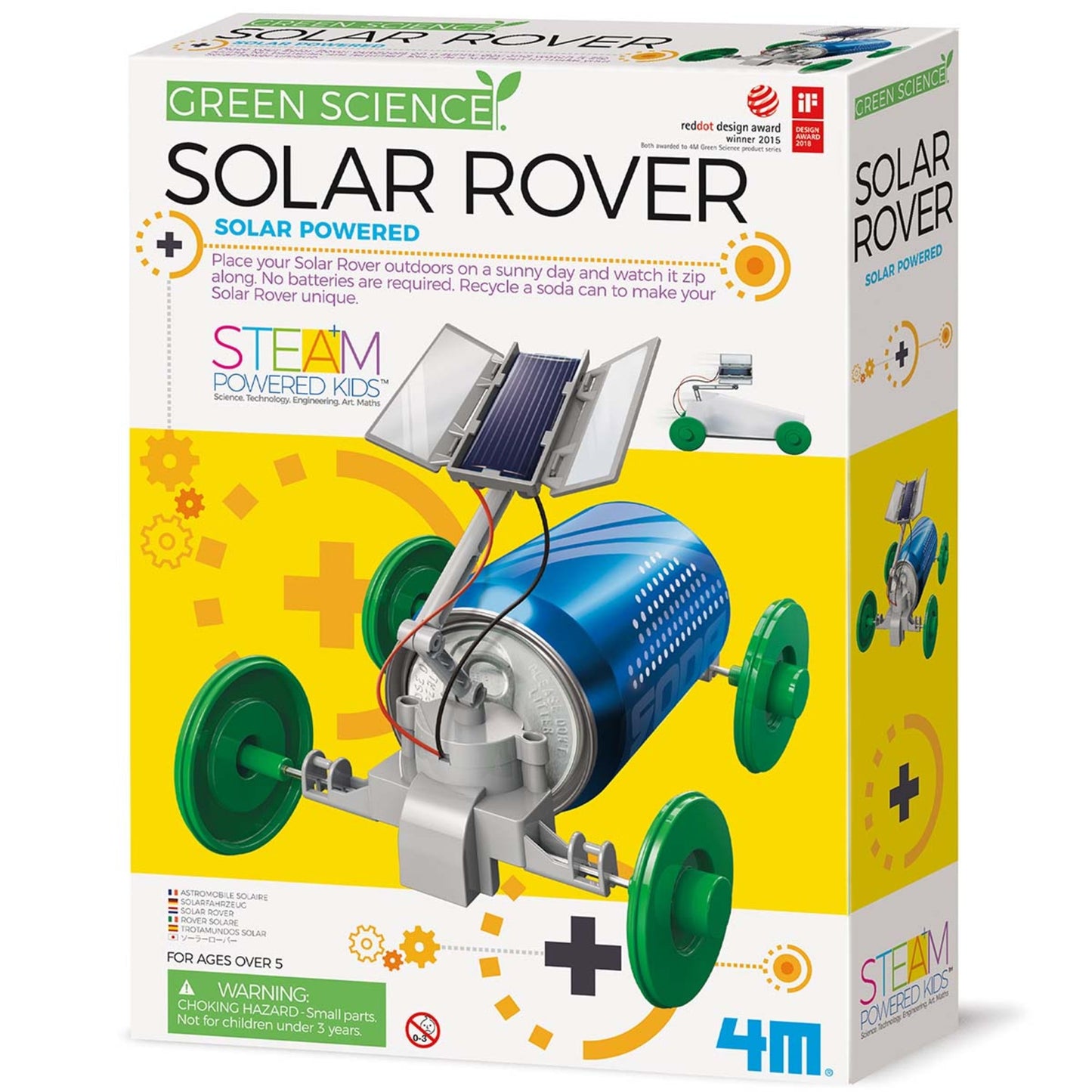 4M Green Science Solar Rover DIY kit with blue cylindrical body, green wheels, and solar panel