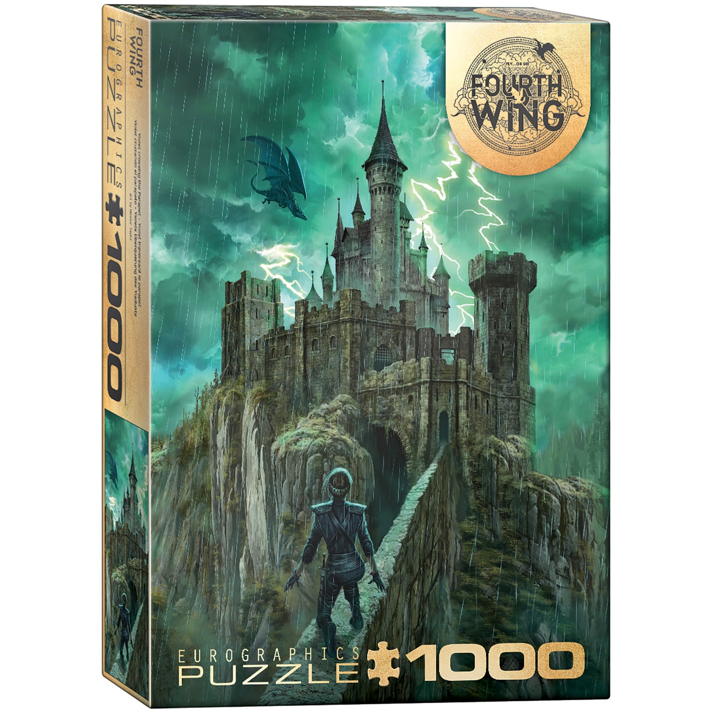 Eurographics Fourth Wing 1000 Piece Puzzle featuring castle and fantasy warrior