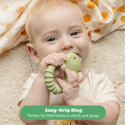 Tiger Tribe Dino Silicone Teether in green, baby chewing toy with easy-grip ring design