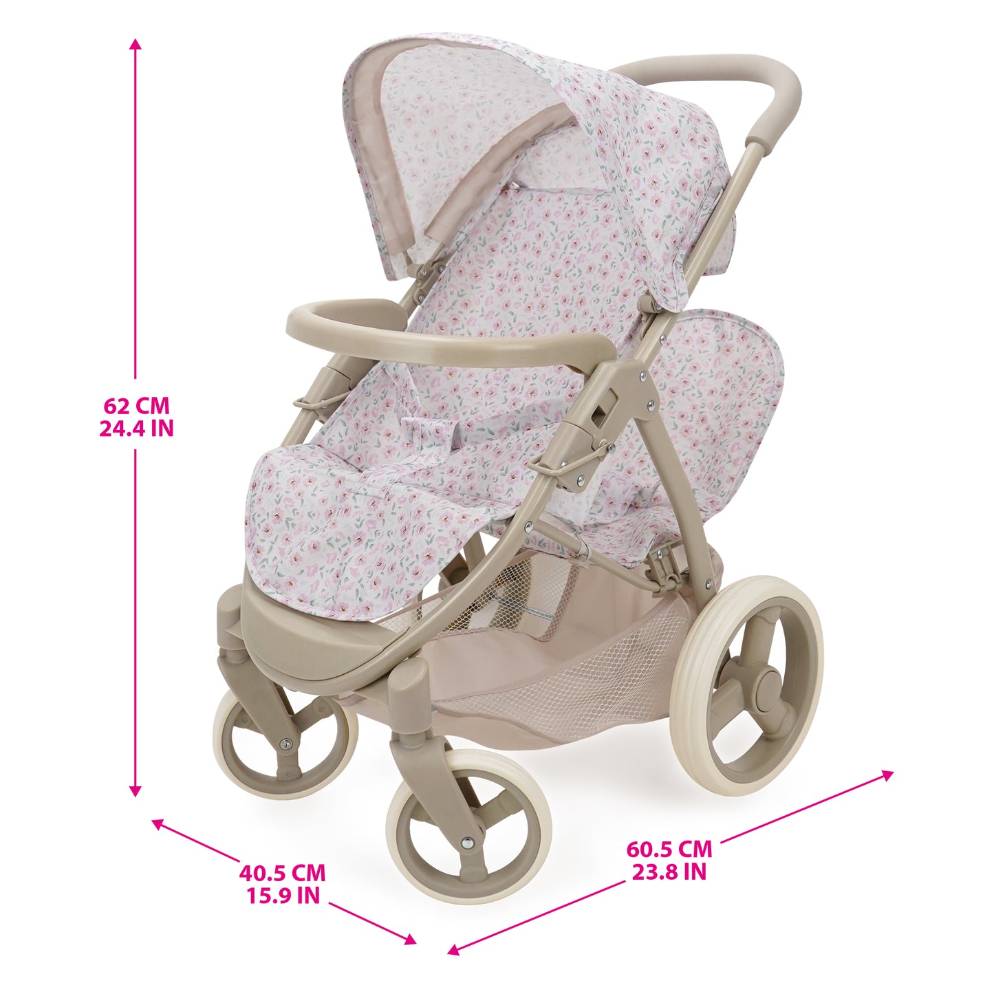509 Crew Little Flora Mabelle Duo Twin Doll Stroller in pink with cream frame
