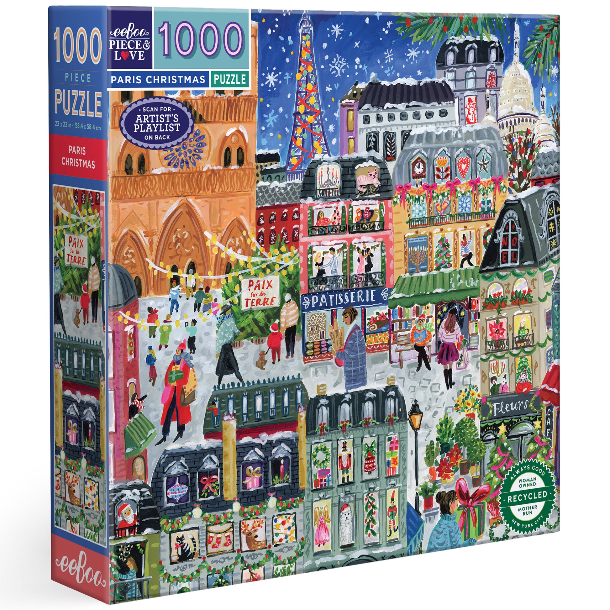 eeBoo Paris Christmas 1000 Piece Puzzle featuring colorful illustrated Parisian holiday street scene