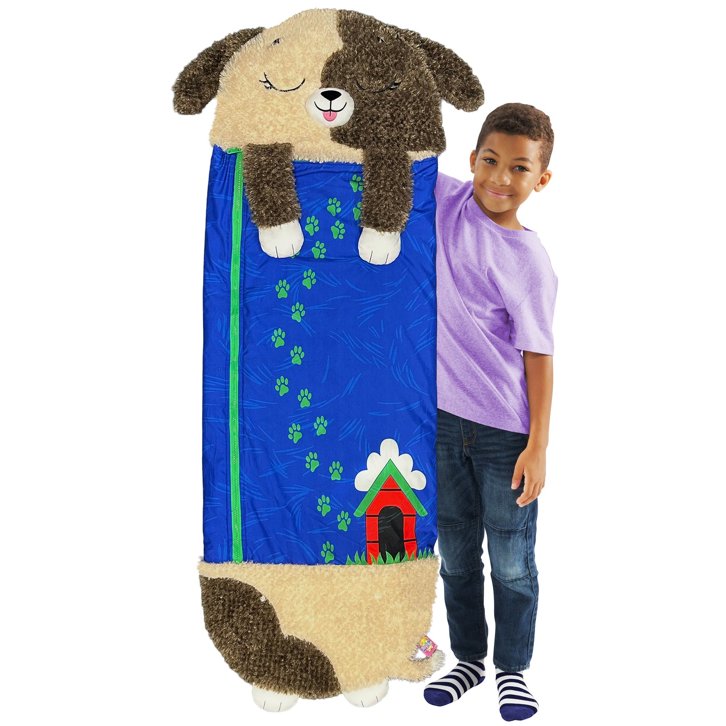 Happy Nappers Medium Brown Dog 2-in-1 Pillow Sleepy Sack Plush with child