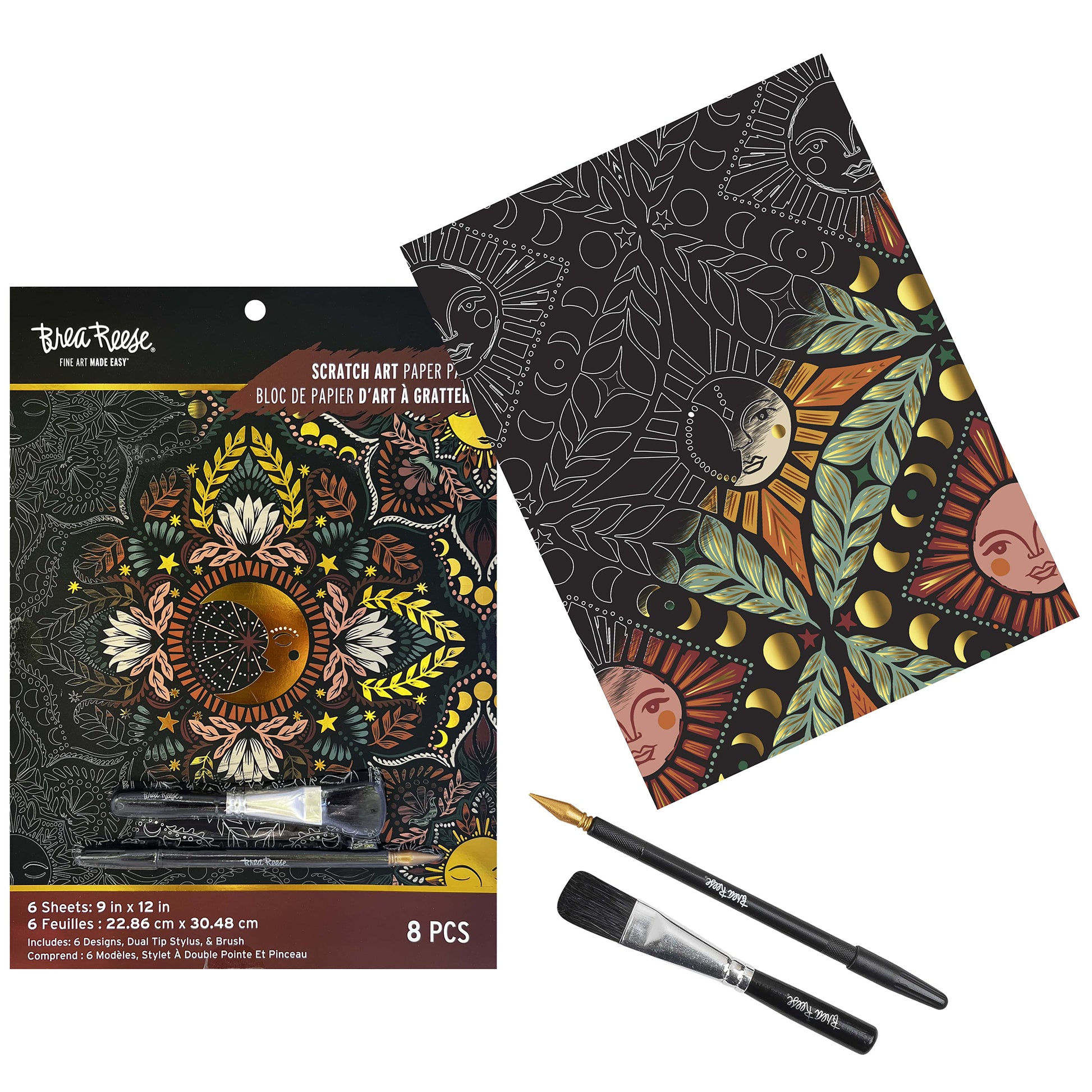 Brea Reese Scratch Art Paper Pad with moon and sun designs, includes brushes and stylus