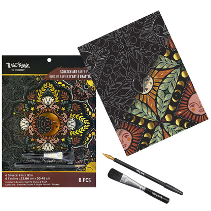 Brea Reese Scratch Art Paper Pad with moon and sun designs, includes brushes and stylus