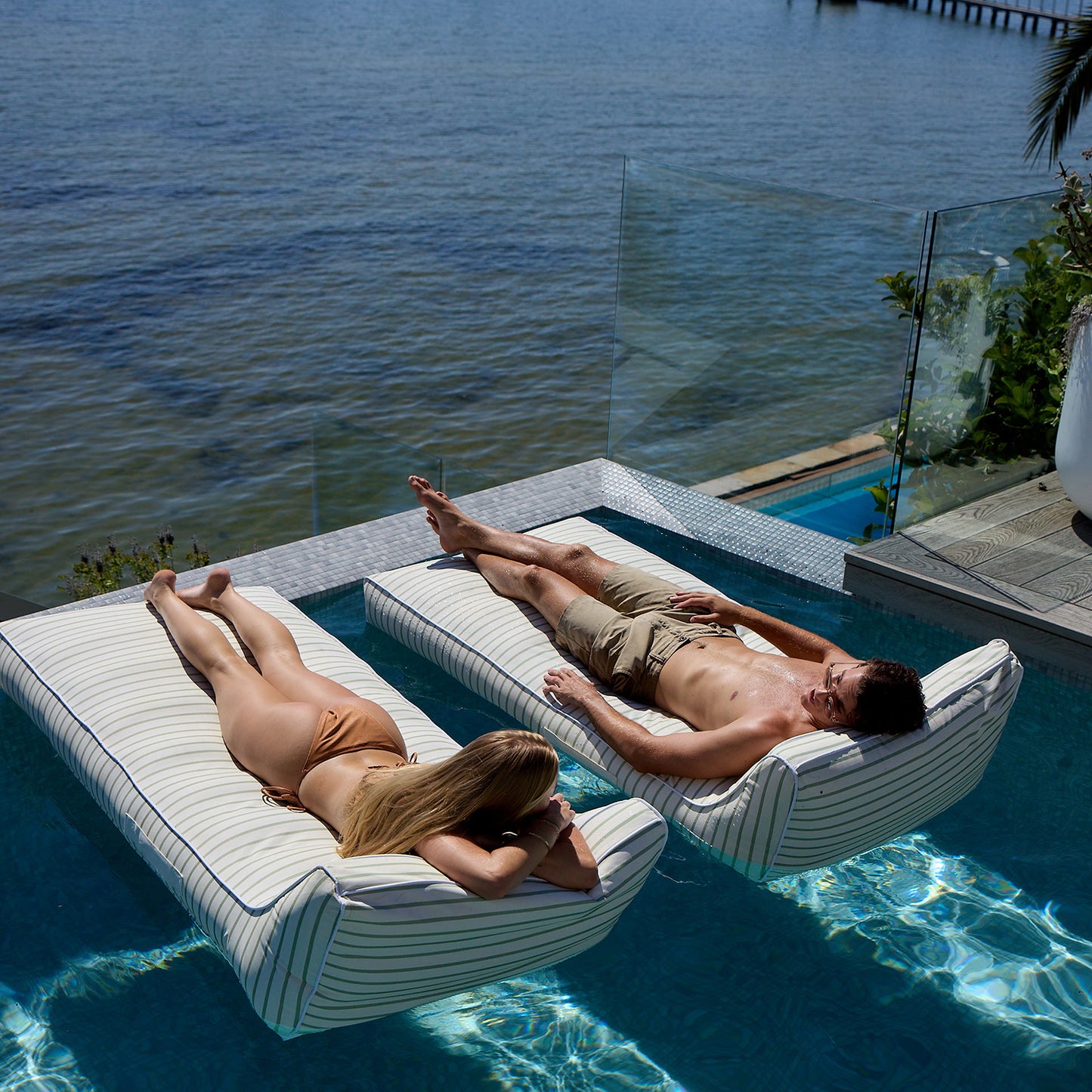 Sunnylife Luxe Lie-On Lounger - La Palma Sage Stripe Inflatable Pool Float