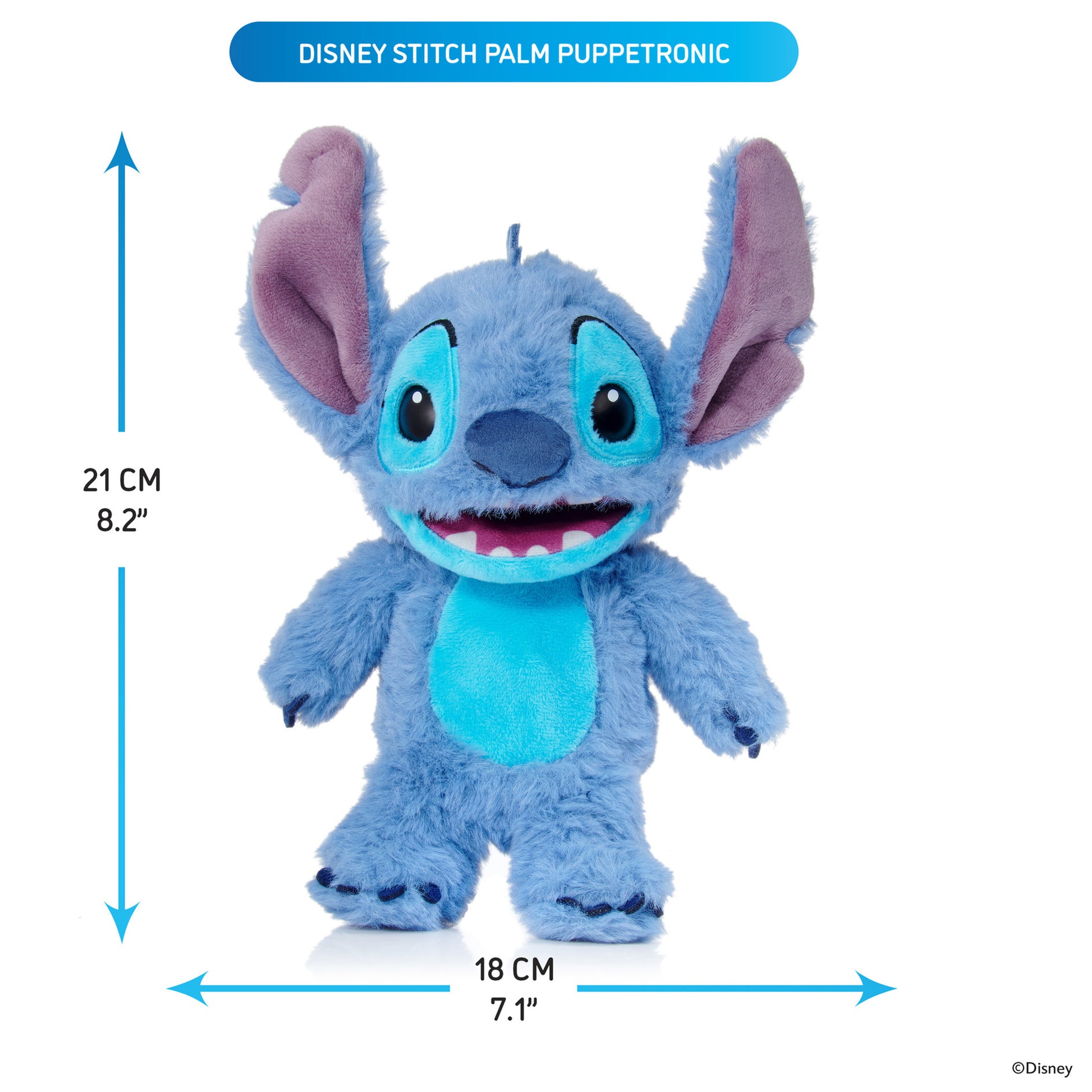 Disney Stitch Palm Puppetronic blue plush toy with interactive features, 21cm tall