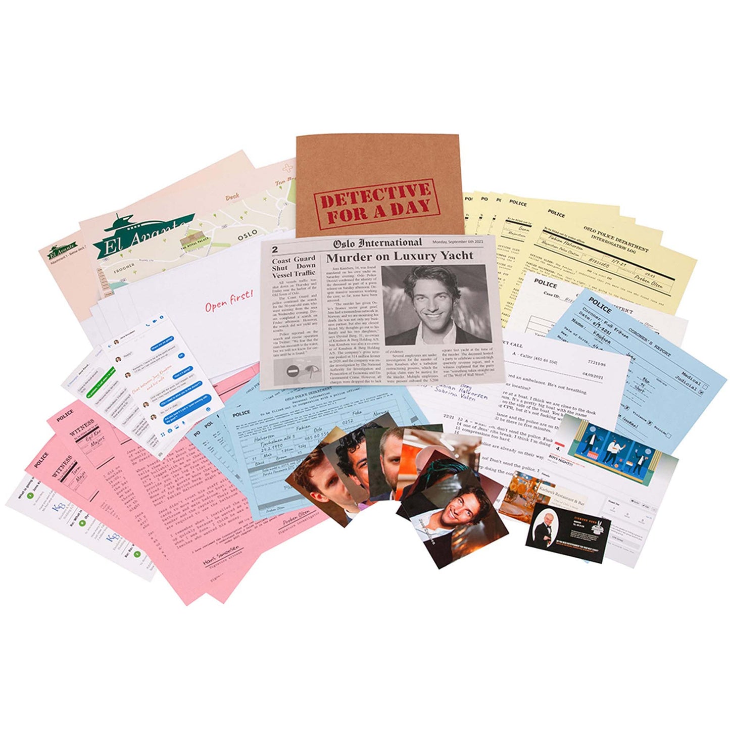 Detective For A Day Murder on Luxury Yacht game set with newspaper, police reports, photos, and clue cards