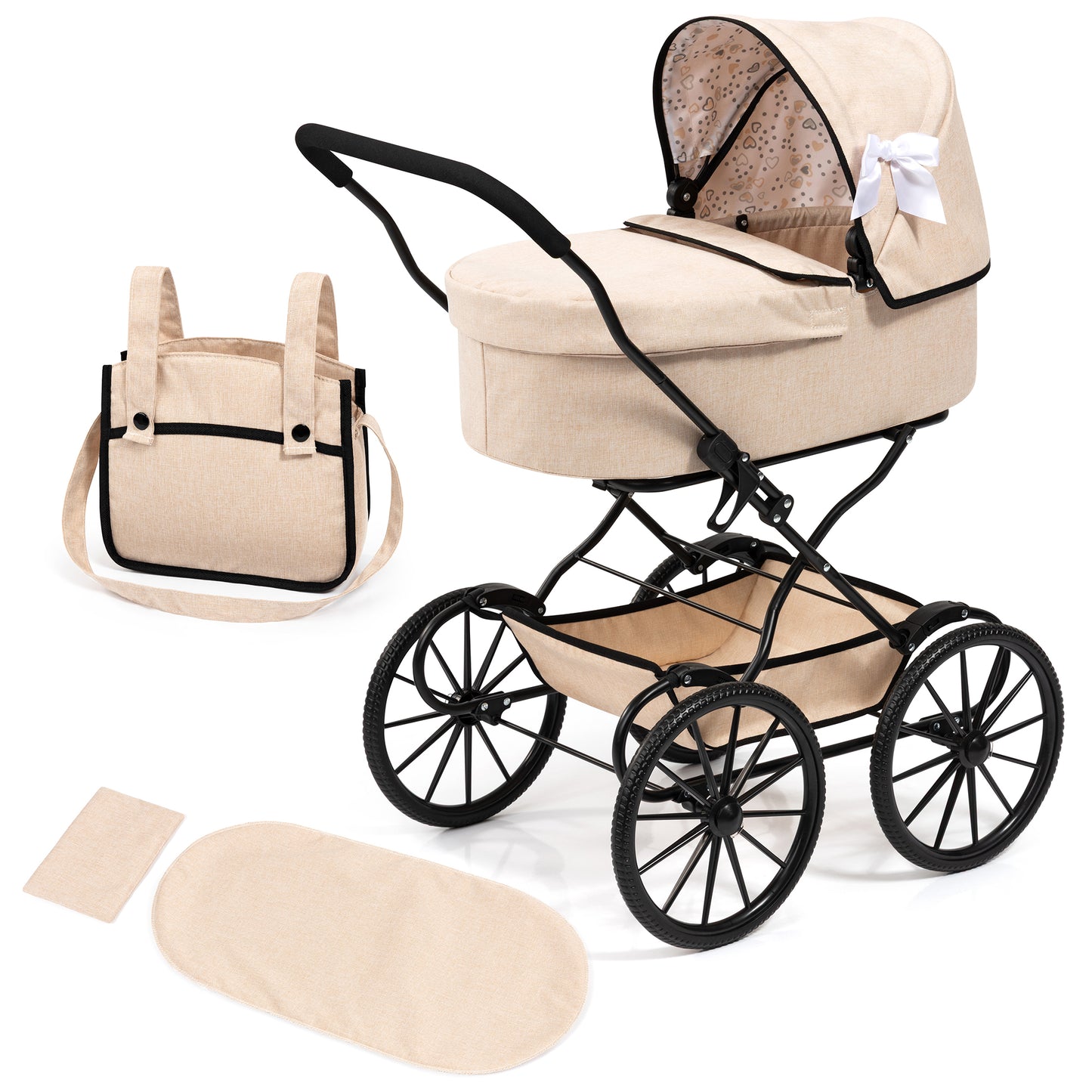 Bayer Design Classic Beige Doll Pram with Black Frame and Accessories