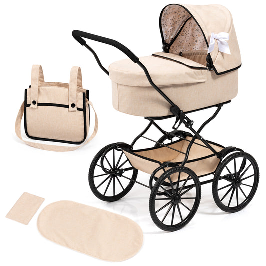 Bayer Design Classic Beige Doll Pram with Black Frame and Accessories