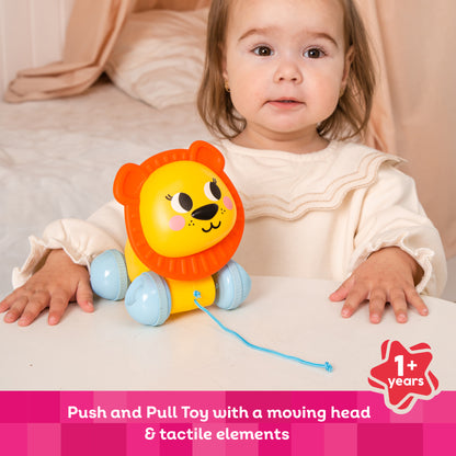 Kids Hits Push & Pull Lion toy in yellow and orange with blue wheels, featuring moving head and tactile elements for ...