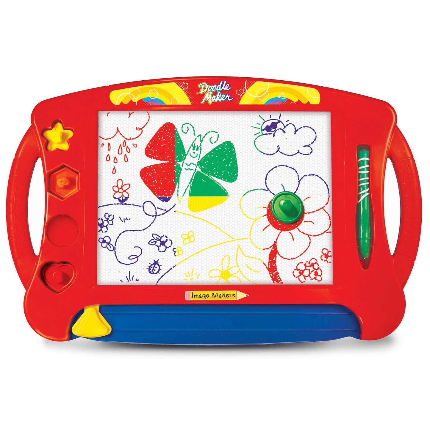Lanard Doodle Maker red magnetic drawing board with colorful stamps and green pen