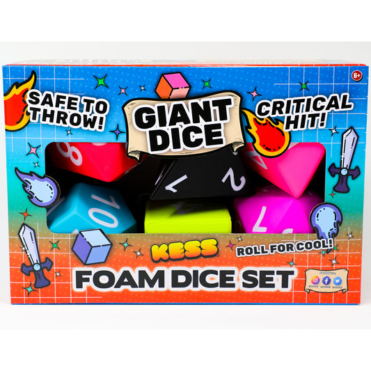 KESS Giant RPG Foam Dice Set with 6 colorful oversized dice in blue, pink, and neon yellow